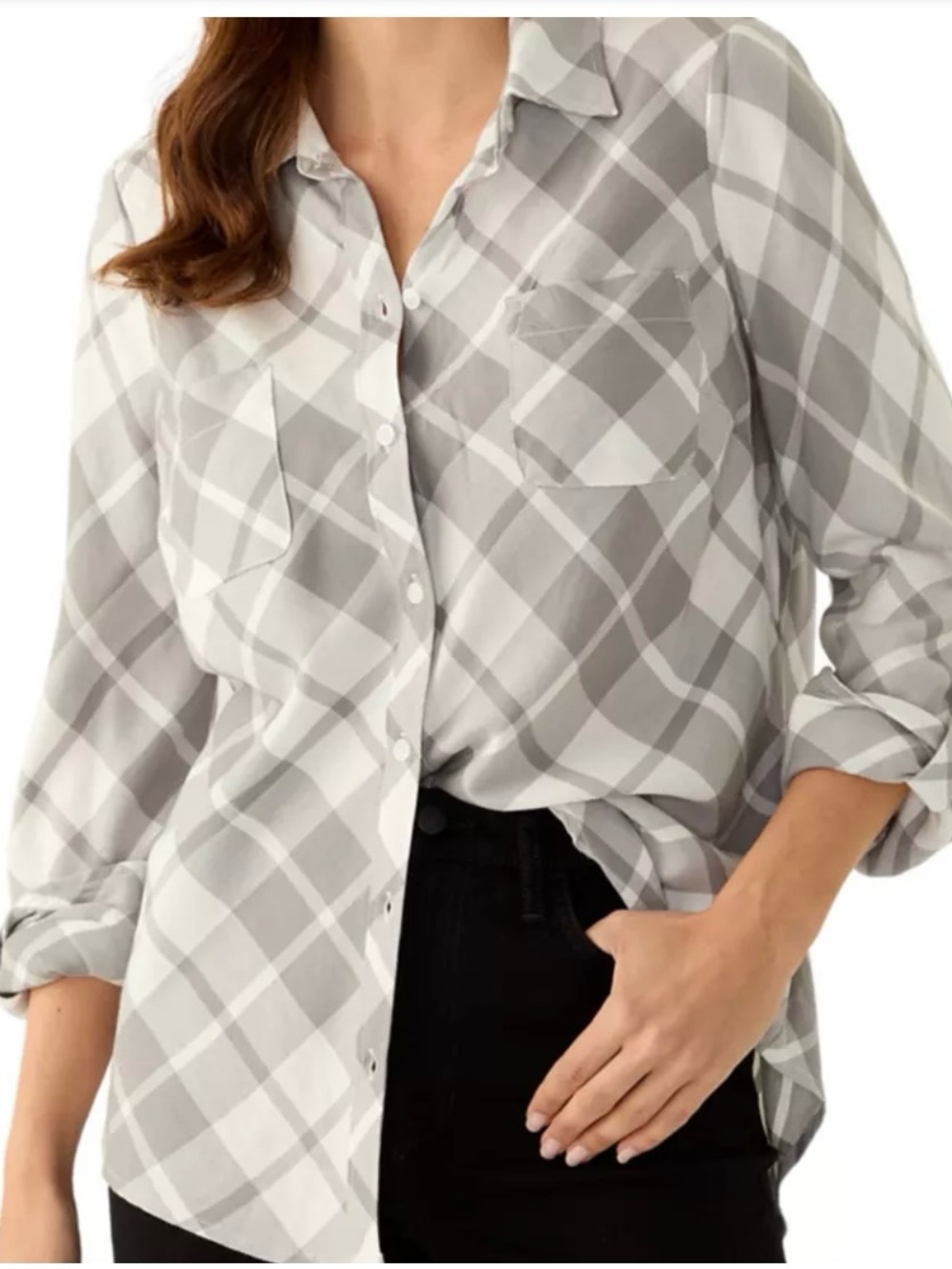NWT XXL Kim Rogers Gray and White Plaid Button-Down Shirt